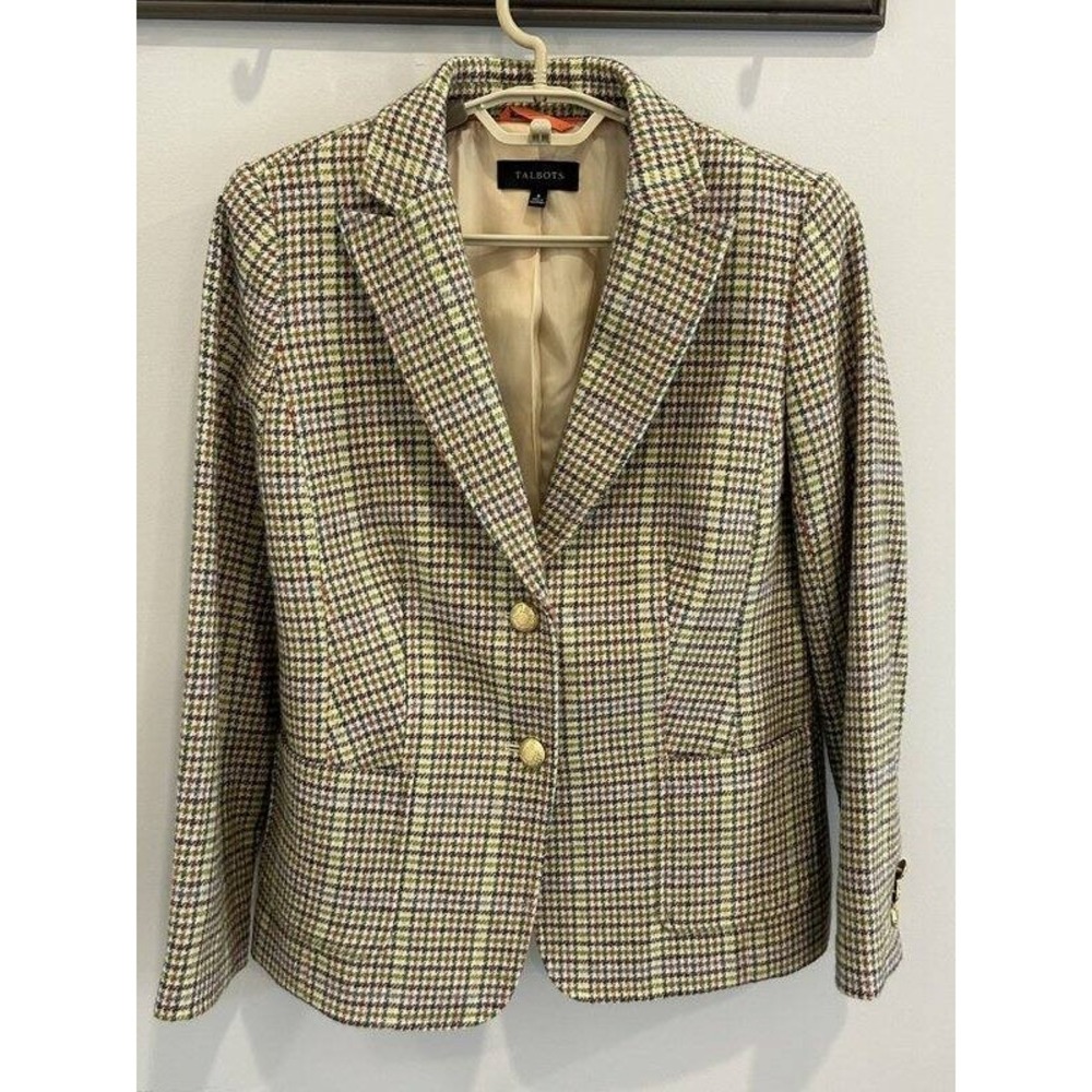Talbots Wool Blend Blazer Jacket Multi Color Houndstooth Pattern 2 Gold Button 8